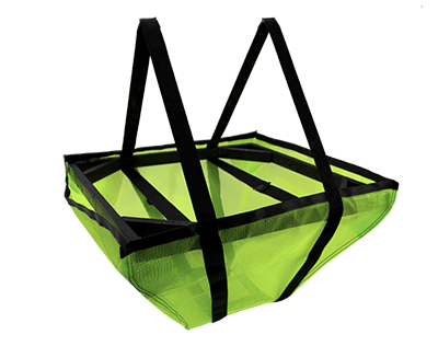 Silt Saver Under Grate "City Bag" made of high flow green mesh with large handles for easy lifting points used to trap floatable objects that can clog pipe systems.