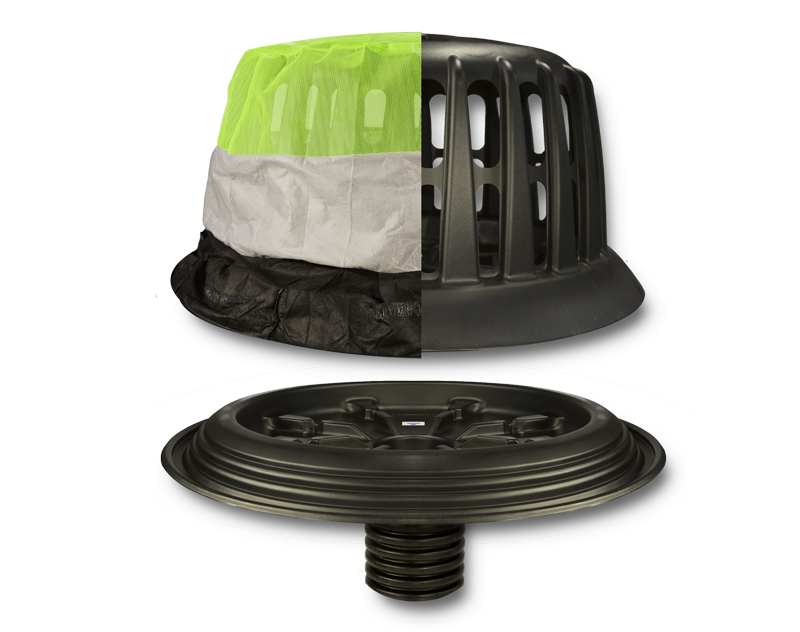 The Silt Saver Bottom Drain Attachment Conversion Device BDA-500 and the R-100-A Silt Saver inlet protection dome with which it connects to create a self-contained filtration system for erosion and sediment control.