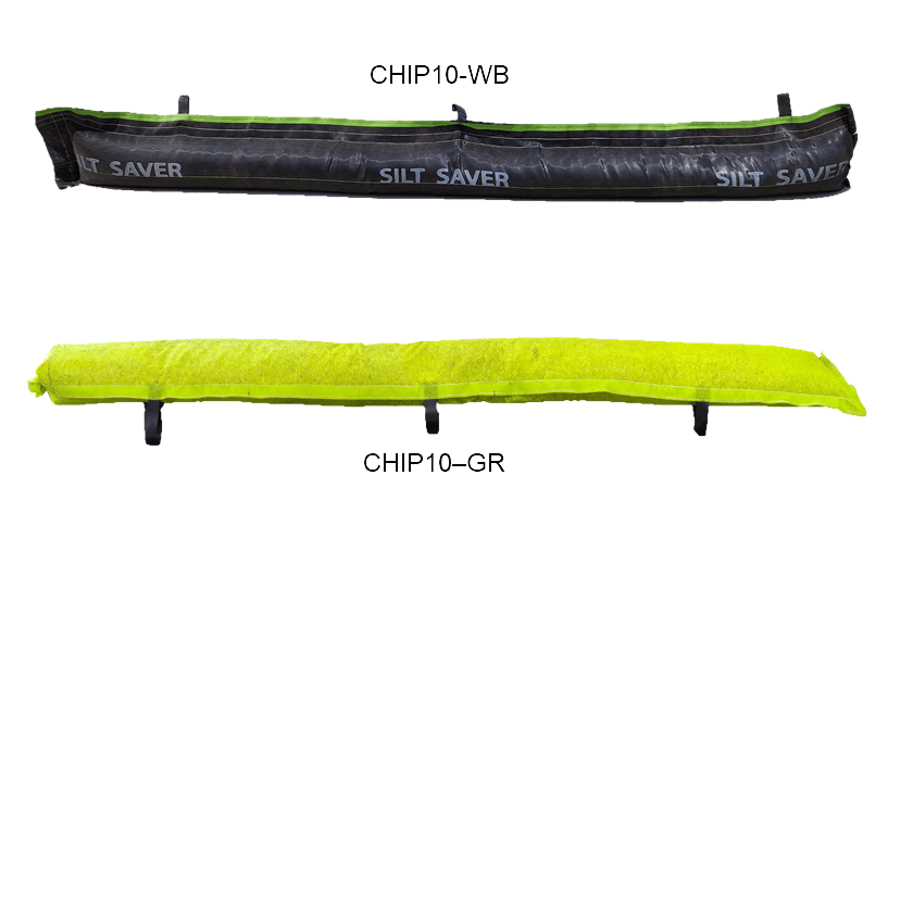 The Silt Saver CHIP 10 wattle shown with the option of a durable black woven geotextile sleeve or a high visibility green sleeve.